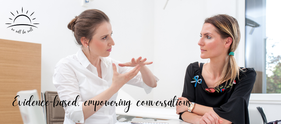 two women, doctor and patient, having a conversation about menopause and peri-menopause symptoms based on the symptom tracker provided by the patient