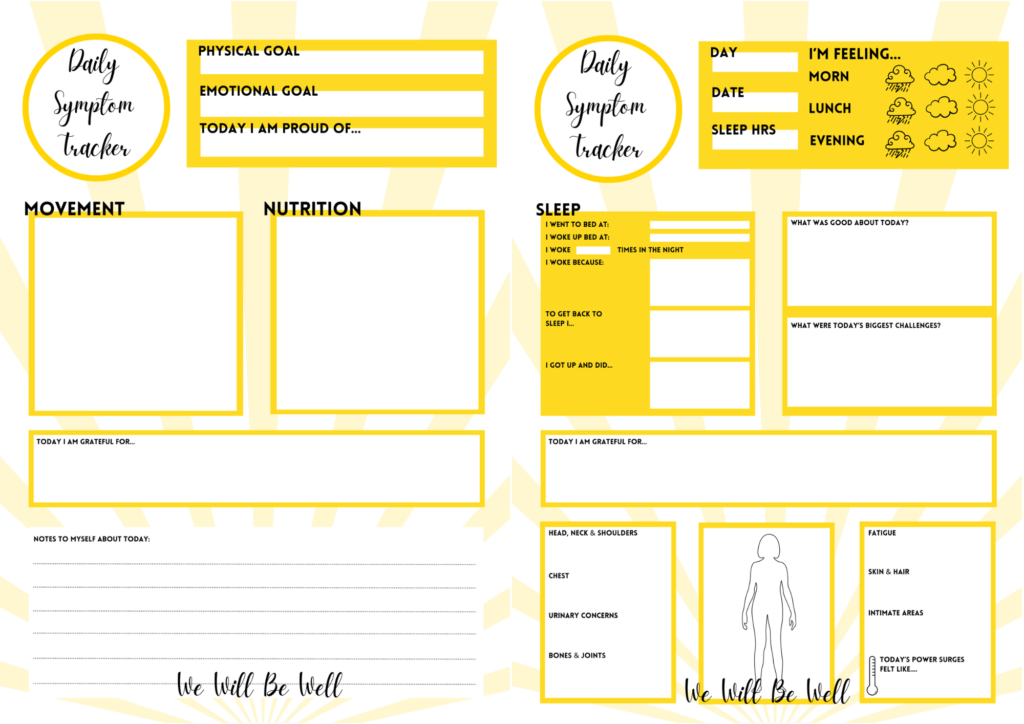 Image of a 2 page daily symptom tracker to help you keep a note of how you felt when. What activities were you doing? Foods eaten, emotions felt and also solutions tried and their results. Helping you to have an informed conversation with your medical practitioner